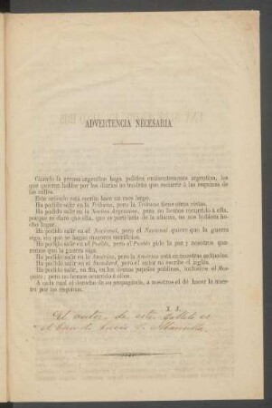 Advertencia necesaria : [Nota manuscrita sobre el nombre real del autor el Coronel Lucio V. Mansilla]