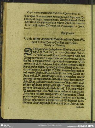 Copia wider antwortlichen schreibens Herrn General Tilli an Hertzog Christian von Barunschweig und Lüneburg