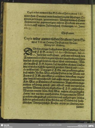 Copia wider antwortlichen schreibens Herrn General Tilli an Hertzog Christian von Barunschweig und Lüneburg
