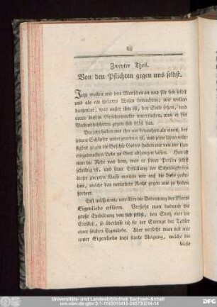 Zweyter Theil. Von den Pflichten gegen uns selbst.