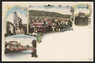 330, Gruss aus Tübingen. Lichtenstein. Bebenhausen. Hohenzollern. Alleenbrücke mit Hohentübingen.