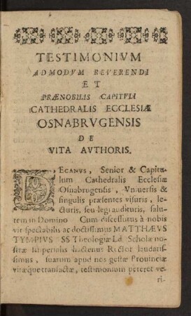 Testimonivm Admodvm Reverendi Et Praenobilis Capitvli Cathedralis Ecclesiae Osnabrvgensis De Vita Avthoris.