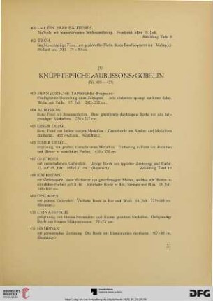 IV. Knüpfteppiche/Aubussons/Gobelin (Nr. 403-423)