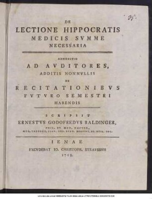 De Lectione Hippocratis Medicis Svmme Necessaria : Admonitio Ad Avditores Additis Nonnvlis De Recitationibvs Fvtvro Semestri Habendis