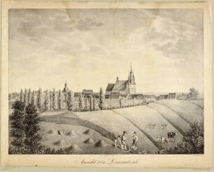 Lommatzsch in Sachsen mit der Wenzelskirche, Blick von Nordwesten über Wiesen mit Bauern bei der Heuernte