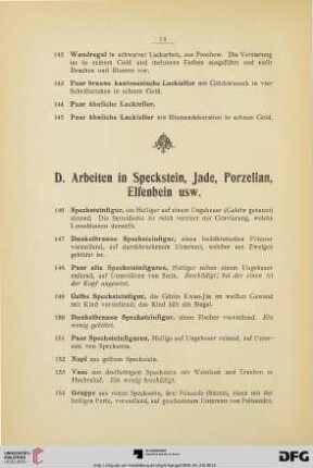 D. Arbeiten in Speckstein, Jade, Prozellan, Elfenbein usw. (Nr. 146-211)