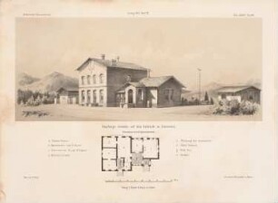 Schlesische Gebirgsbahn, Stationsgebäude Jannowitz: Grundriss, Perspektivische Ansicht (aus: Architektonisches Skizzenbuch, H. 85/3, 1867)