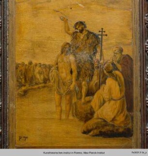 Intarsien des Sakristeigestühls : Die Taufe Christi