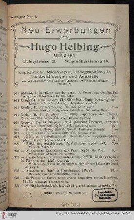 Nr. 4: Neu-Erwerbungen von Hugo Helbing, München: Anzeiger: Kupferstiche, Radirungen, Lithographien etc., Handzeichnungen und Aquarelle
