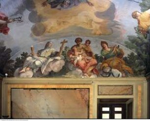 Quadraturmalerei mit Herz Jesu in der Engelsglorie, Gnadenstuhl und die vier Kardinaltugenden, Madonna mit den Personifikationen der Hoffnung und des christlichen Glaubens