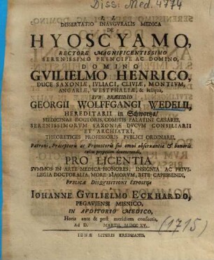 Dissertatio Inavgvralis Medica De Hyoscyamo