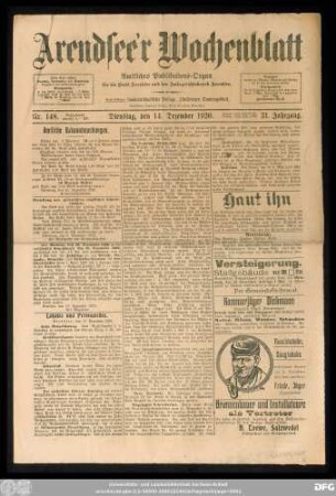 Arendsee'r Wochenblatt, Nr. 148. Dienstag, den 14. Dezember 1920.