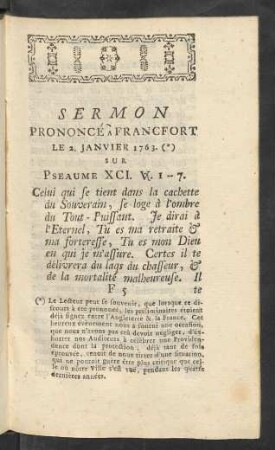 Sermon Prononcé À Francfort Le 2. Janvier 1763.