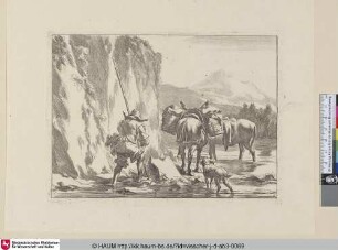 [Der Eseltreiber, welcher durch das Wasser zieht; Two donkeys and a herd at a ford]
