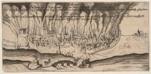Stadtansicht von Bautzen in der Oberlausitz während des Stadtbrandes am 22. April 1634, ausgelöst durch Abbrennung der Vorstädte im Dreißigjährigen Krieg durch die kaiserlichen Besatzer