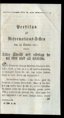 Predikan på reformations-Festen den 31. October 1817.