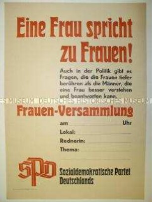 Blanko-Maueranschlag für die Einberufung von SPD-Frauenversammlungen