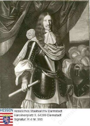 Ludwig VI. Landgraf v. Hessen-Darmstadt (1630-1678) / Porträt in Rüstung, vor Vorhang und Landschaftskulisse stehend, Kniestück