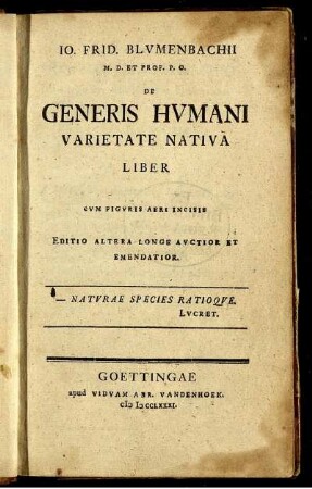 Io. Frid. Blvmenbachii ... De Generis Hvmani Varietate Nativa Liber : Cvm Figvris Aeri Incisis