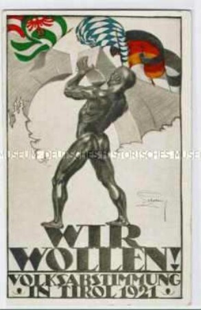 Anti-italienische Postkarte zur Volksabstimmung in Tirol 1921