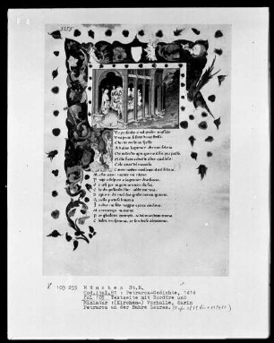 Petrarca, Gedichte — Textseite mit Miniatur und Bordüre, Folio 105recto