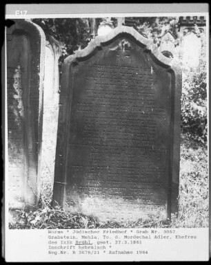 Grabstein der Mehla, Tochter des Mordechai Adler, Ehefrau des Izik Brühl (gestorben 1861.03.27)