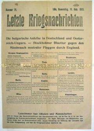 Mitteilungsblatt "Letzte Kriegsnachrichten" mit Kurzmeldungen von verschiedenen Kriegsschauplätzen