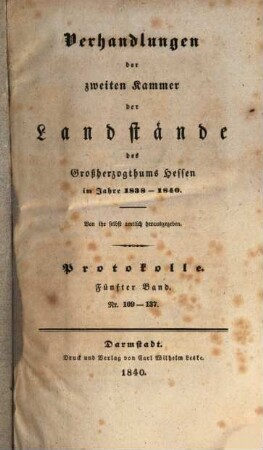 Verhandlungen der Zweiten Kammer der Landstände des Großherzogthums Hessen. Protokolle. 1838/40,5 (1840)