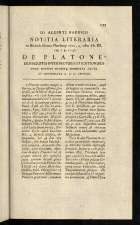 LXI-C, Notitia Literaria de Platone.