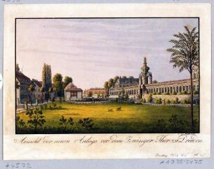 Blick über den zugeschütteten Zwingergraben (Zwingeranlagen) in Dresden nach Westen auf die Langgalerie und das Kronentor des Zwingers, links die Ostraallee