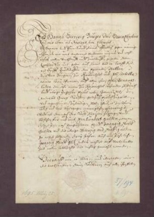 Verkaufsbrief des Hans Hartweg zu Haueneberstein an Mathäus Kraft zu Rauenthal über eine halbe Hofreite und sonstige Zubehör zu Rauenthal um 100 fl.