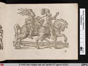 Ein Ritter zu Pferde ergreift seinen Gegner mit einem Haken.