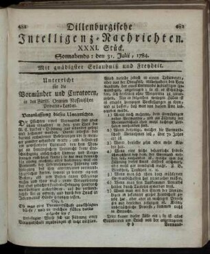 XXXI. Stück. Sonnabends: den 31. Julii, 1784.