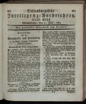 XXXI. Stück. Sonnabends: den 31. Julii, 1784.