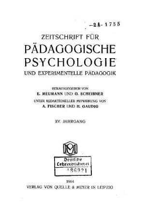 15: Zeitschrift für pädagogische Psychologie und Jugendkunde - 15.1914
