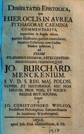 Dissertatio epistolica, qua Hieroclis in aurea Pythagorae carmina commentarius