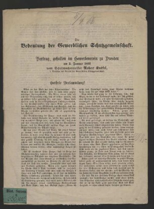 Die Bedeutung der Gewerblichen Schutzgemeinschaft : Vortrag, gehalten im Gewerbeverein zu Dresden am 2. Januar 1866