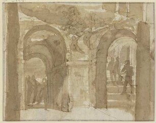 Antikes Gewölbe mit Treppe und mehreren Figuren, oben schwebt Maria mit Engeln