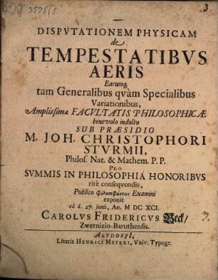 Dispvtationem Physicam de Tempestatibvs Aeris Earumq[ue] tam Generalibus qvàm Specialibus Variationibus