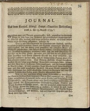 Journal Aus dem Kayserl. Königl. Haupt-Quartier Rottenburg vom 9. bis 13. Augusti 1759