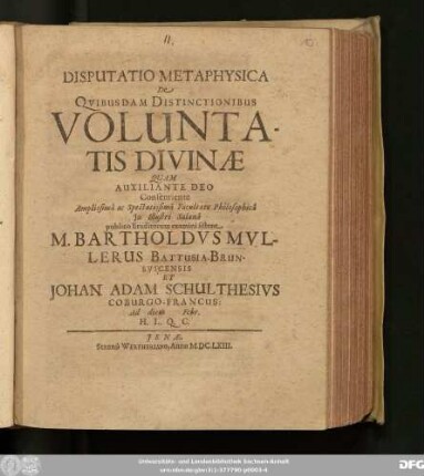 Disputatio Metaphysica De Quibusdam Distinctionibus Voluntatis Divinae