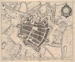 Stadtplan von Leipzig, um 1750, in einem Maßstab von 50 Ruthen, mit Legende