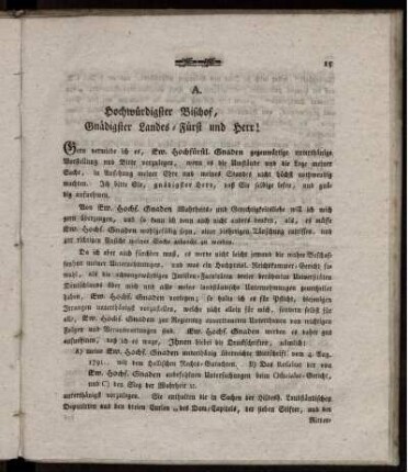 A. Hochwürdigster Bischof, Gnädigster Landes-Fürst und Herr !