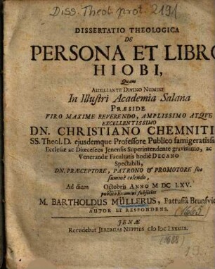Dissertatio Theologica De Persona Et Libro Hiobi