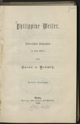 Philippine Welser : historisches Schauspiel in 5 Akten