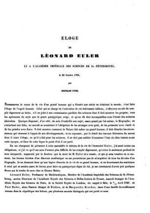 Eloge de Léonard Euler.