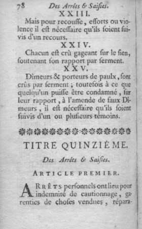 Titre quinziéme. Des Arrêts et Saisies.