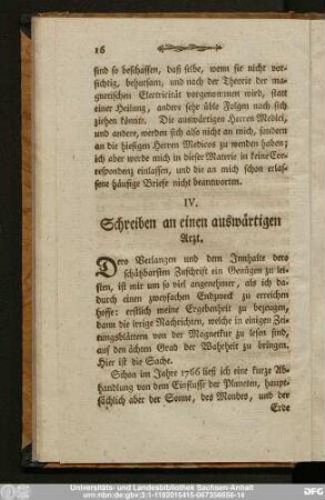 IV. Schreiben an einen auswärtigen Arzt.