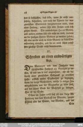 IV. Schreiben an einen auswärtigen Arzt.