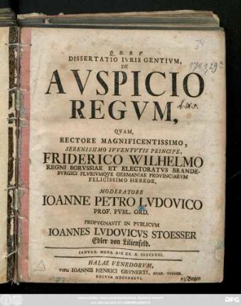 Dissertatio Ivris Gentivm, De Avspicio Regvm